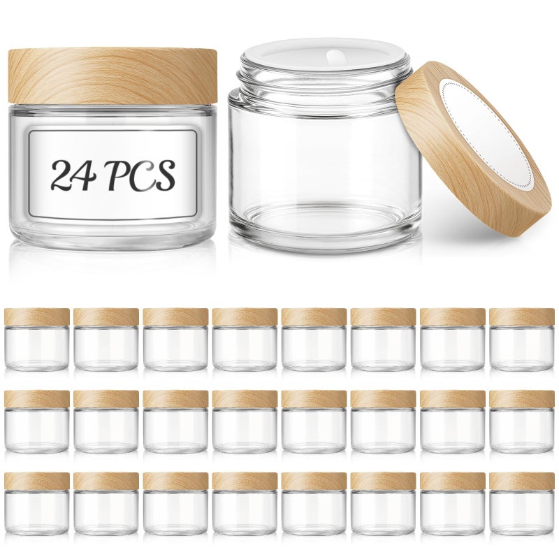 Bumobum 2 oz Small Glass Jars with Plastic Woodgrain Lids, 24 Pack Clear Glass Cosmetic Jars with Inner Liners, 60ml Refillable Empty Sample Containers for Cream, Salve, Powders and Lotion Storage - Image 1